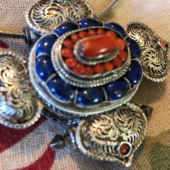 VINTAGE Etched Sterling Silver 925 Orange Blue stones Serpentine Chain Southwest - Picture 8 of 16